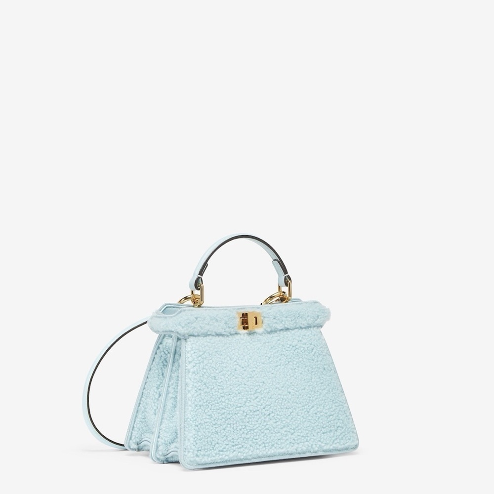 FENDI Peekaboo Mutton Fur + Lamb Leather Blue Powder Sugar + Soft Gold Mini NWT!